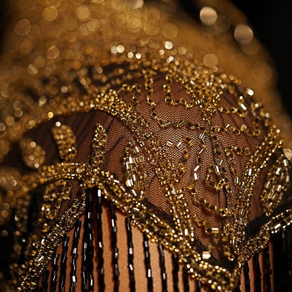 Black Gold Beaded Fringe Cape, Sequin Festival Bolero, Luxury Embellished Shawl - Picture 10 of 12